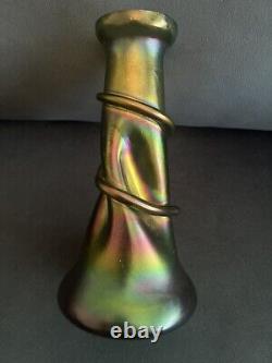 Iridescent Rindskopf Green/purple Art Glass Snake Vase 9 Tall Art Nouveau