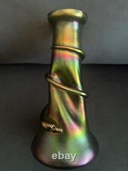 Iridescent Rindskopf Green/purple Art Glass Snake Vase 9 Tall Art Nouveau