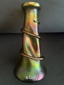 Iridescent Rindskopf Green/purple Art Glass Snake Vase 9 Tall Art Nouveau