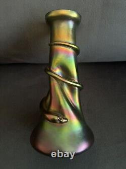 Iridescent Rindskopf Green/purple Art Glass Snake Vase 9 Tall Art Nouveau