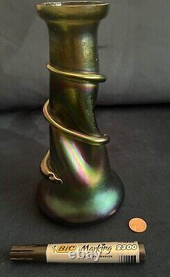 Iridescent Rindskopf Green/purple Art Glass Snake Vase 9 Tall Art Nouveau