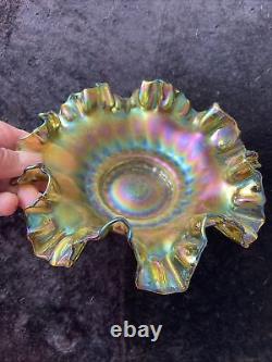 Iridescent glass fluted bowl art nouveau obscured signature 7 Inch