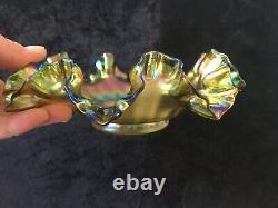 Iridescent glass fluted bowl art nouveau obscured signature 7 Inch