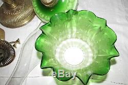 Irish Shamrock decorated victorian green Art Nouveau glass oil lamp etched shade