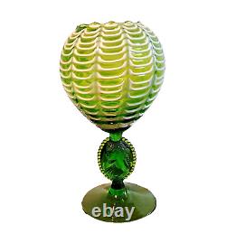 Italian Empoli Draped Green Art Glass Vase Compote Art Nouveau Style with Cameo