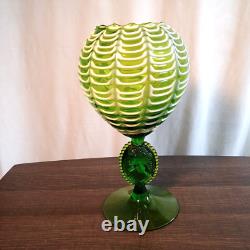 Italian Empoli Draped Green Art Glass Vase Compote Art Nouveau Style with Cameo