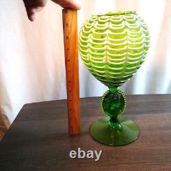 Italian Empoli Draped Green Art Glass Vase Compote Art Nouveau Style with Cameo
