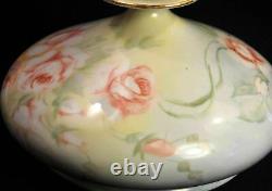 JPL Jean Pouyat Limoges Squat Vase HandPainted 1890-1932 Pink Roses Green Leaves