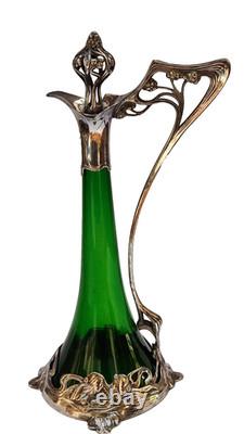 JUGENDSTIL / ART NOUVEAU WMF GREEN CRYSTAL LIQUEUR JUG withSILVER PLATE MOUNT