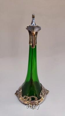 JUGENDSTIL / ART NOUVEAU WMF GREEN CRYSTAL LIQUEUR JUG withSILVER PLATE MOUNT