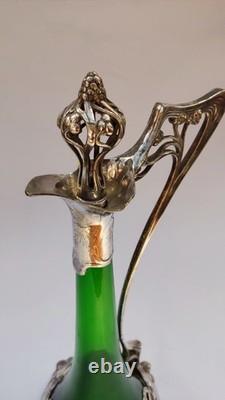 JUGENDSTIL / ART NOUVEAU WMF GREEN CRYSTAL LIQUEUR JUG withSILVER PLATE MOUNT JUGENDSTIL / ART NOUVEAU WMF GREEN CRYSTAL LIQUEUR JUG withSILVER PLATE MOUNT