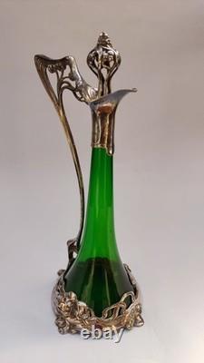 JUGENDSTIL / ART NOUVEAU WMF GREEN CRYSTAL LIQUEUR JUG withSILVER PLATE MOUNT