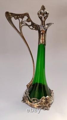 JUGENDSTIL / ART NOUVEAU WMF GREEN CRYSTAL LIQUEUR JUG withSILVER PLATE MOUNT JUGENDSTIL / ART NOUVEAU WMF GREEN CRYSTAL LIQUEUR JUG withSILVER PLATE MOUNT