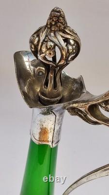 JUGENDSTIL / ART NOUVEAU WMF GREEN CRYSTAL LIQUEUR JUG withSILVER PLATE MOUNT