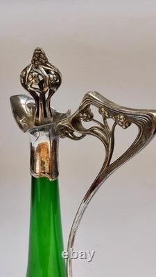 JUGENDSTIL / ART NOUVEAU WMF GREEN CRYSTAL LIQUEUR JUG withSILVER PLATE MOUNT