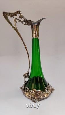 JUGENDSTIL / ART NOUVEAU WMF GREEN CRYSTAL LIQUEUR JUG withSILVER PLATE MOUNT