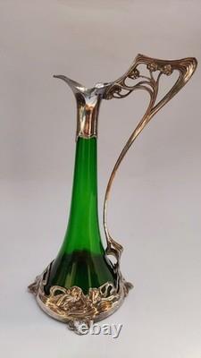 JUGENDSTIL / ART NOUVEAU WMF GREEN CRYSTAL LIQUEUR JUG withSILVER PLATE MOUNT