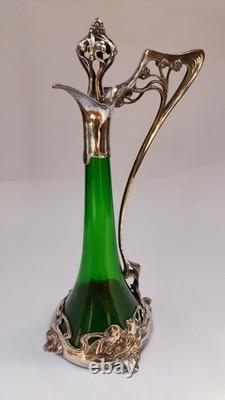 JUGENDSTIL / ART NOUVEAU WMF GREEN CRYSTAL LIQUEUR JUG withSILVER PLATE MOUNT