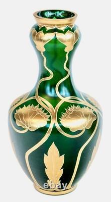 Josephinenhütte Art Nouveau Vase 12 Gilt Green Glass Bohemian Moser Loetz Style