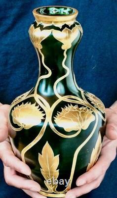 Josephinenhütte Art Nouveau Vase 12 Gilt Green Glass Bohemian Moser Loetz Style