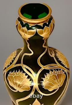Josephinenhütte Art Nouveau Vase 12 Gilt Green Glass Bohemian Moser Loetz Style