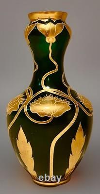 Josephinenhütte Art Nouveau Vase 12 Gilt Green Glass Bohemian Moser Loetz Style