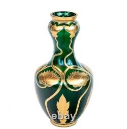 Josephinenhütte Art Nouveau Vase 12 Gilt Green Glass Bohemian Moser Loetz Style
