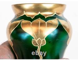 Josephinenhütte Art Nouveau Vase 12 Gilt Green Glass Bohemian Moser Loetz Style