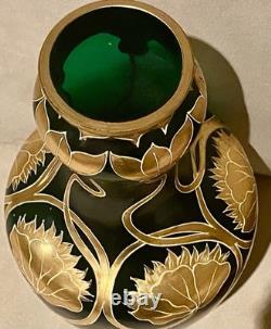 Josephinenhütte Art Nouveau Vase 12 Gilt Green Glass Bohemian Moser Loetz Style
