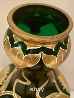 Josephinenhütte Art Nouveau Vase 12 Gilt Green Glass Bohemian Moser Loetz Style
