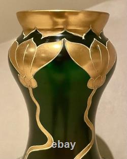 Josephinenhütte Art Nouveau Vase 12 Gilt Green Glass Bohemian Moser Loetz Style
