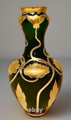 Josephinenhütte Art Nouveau Vase 12 Gilt Green Glass Bohemian Moser Loetz Style
