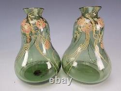 Jugendstil Art Nouveau Bohemian Hand Enameled Art Glass Vase Pair