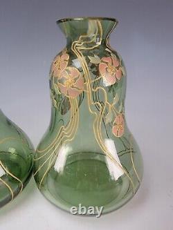 Jugendstil Art Nouveau Bohemian Hand Enameled Art Glass Vase Pair