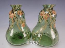 Jugendstil Art Nouveau Bohemian Hand Enameled Art Glass Vase Pair