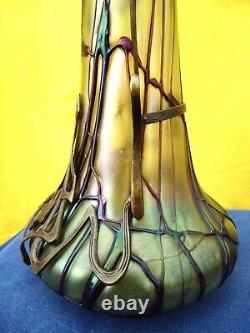 Jugendstil Pallme Koenig iridescent glass vase in metal mount-1900