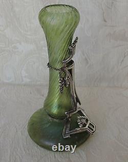 Jugendstil Secessionist green iridescent art glass vase silver plate mounting