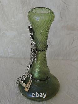 Jugendstil Secessionist green iridescent art glass vase silver plate mounting
