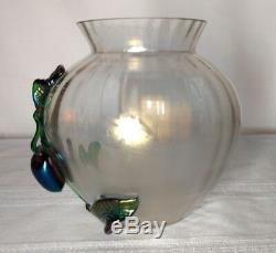 KRALIK, APPLIED FRUIT w FOLIAGE, LARGE OPTIC RIBBED VASE, EXCELLENT