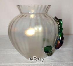 KRALIK, APPLIED FRUIT w FOLIAGE, LARGE OPTIC RIBBED VASE, EXCELLENT