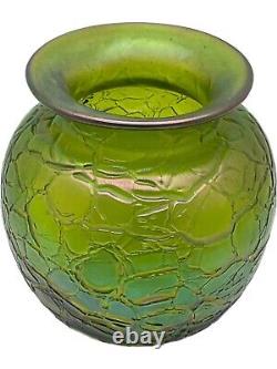KRALIK Bohemian Art Nouveau Green/Blue Threaded Iridescent Crackle Glass Vase