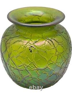 KRALIK Bohemian Art Nouveau Green/Blue Threaded Iridescent Crackle Glass Vase