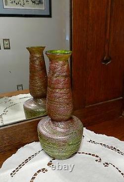 KRALIK SILVERIA Art Nouveau ANTIQUE 10.25 Bohemian GLASS VASE Green Threading