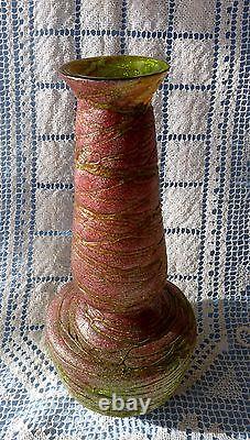 KRALIK SILVERIA Art Nouveau ANTIQUE 10.25 Bohemian GLASS VASE Green Threading