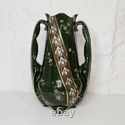 K G Luneville France 1880's Art Nouveau Double Handle Vase Green Enameled & Gold