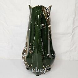 K G Luneville France 1880's Art Nouveau Double Handle Vase Green Enameled & Gold