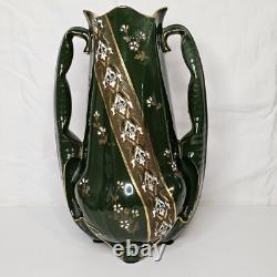 K G Luneville France 1880's Art Nouveau Double Handle Vase Green Enameled & Gold