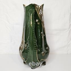 K G Luneville France 1880's Art Nouveau Double Handle Vase Green Enameled & Gold