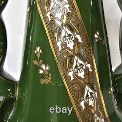 K G Luneville France 1880's Art Nouveau Double Handle Vase Green Enameled & Gold