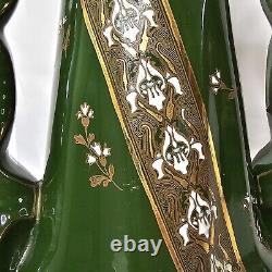 K G Luneville France 1880's Art Nouveau Double Handle Vase Green Enameled & Gold